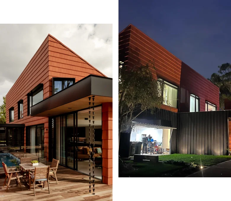 Modern two-storey house with red cladding, large windows, black accents, and night and day exterior views